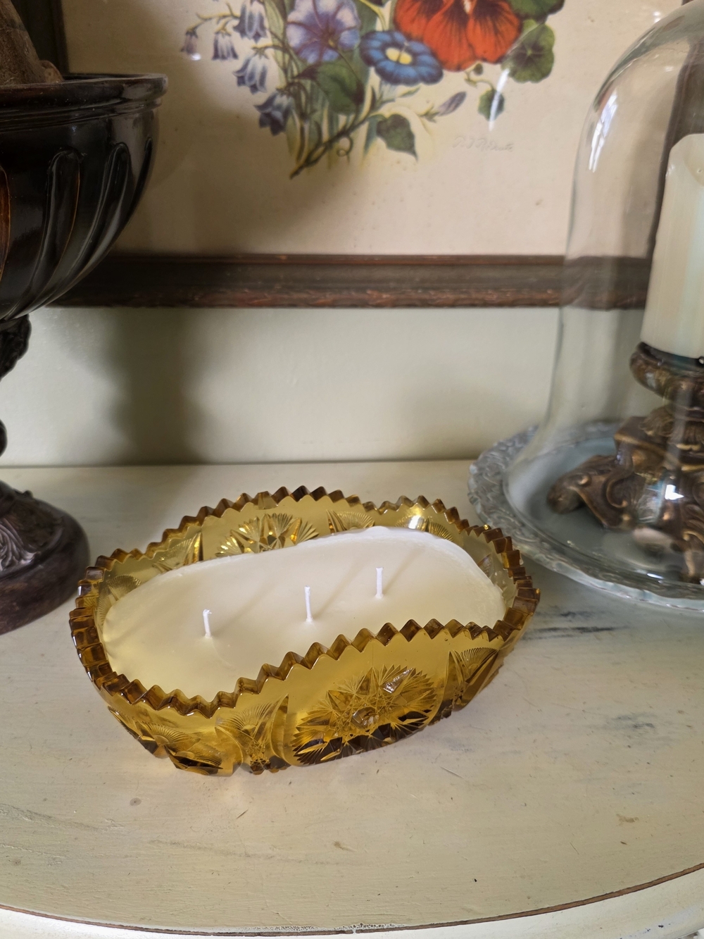 Vintage Amber Pressed Glass Bowl Filled With Soy Wax